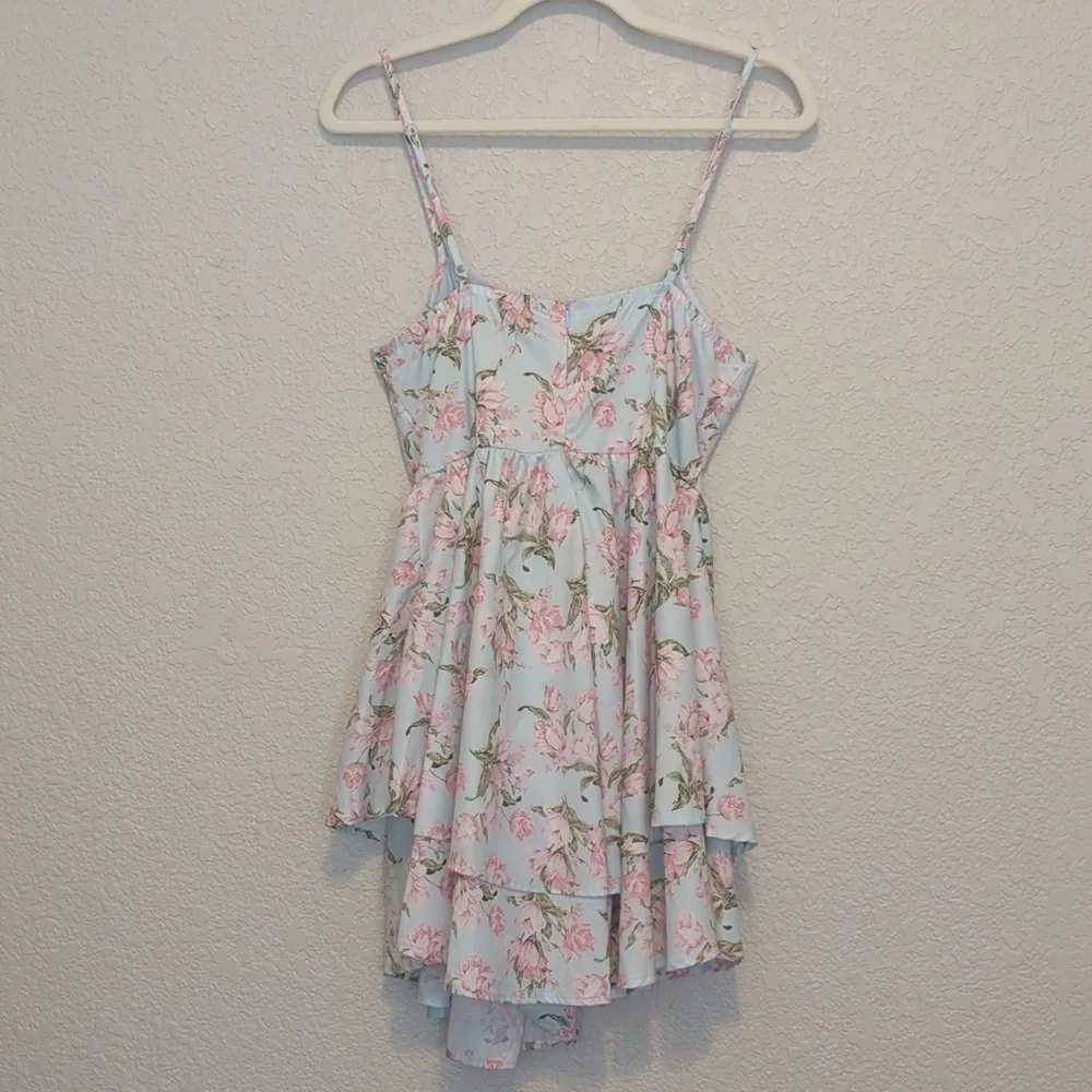 Shein MOD light blue pink ditsy floral lace up strapless mini dress - Picture 10 of 12